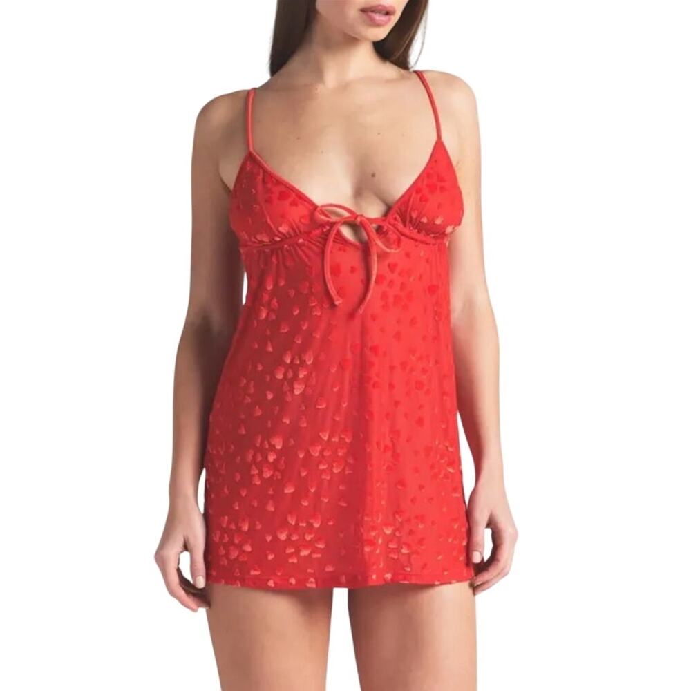 SKIMS Red Sheer Velvet Heart Print Babydoll Mini Dress Chemise XS Adjustable